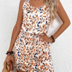New European and American style printed round-neck sleeveless loose and comfortable high-waisted short skirt