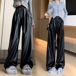 Matte vintage PU high-waisted, loose, slimming, casual straight wide-leg leather pants...
