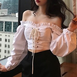 Off-the-shoulder one-line neckline, tie-up short two-way-wear blouse with puff sleeves and a high waist...