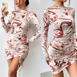Abstract printed round-neck sexy long-sleeved dress...