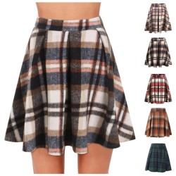 Casual vintage short skirt spliced with checked tie - style half - body pleated skirt